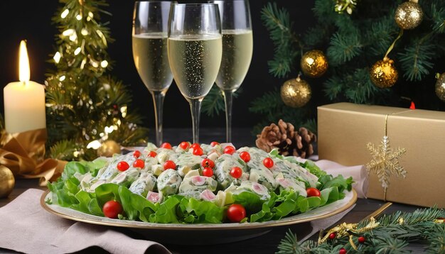 Salade traditionnelle du Nouvel An Olivier Table de Noël et verres de champagne