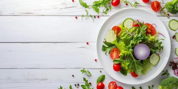 Salade végétale saine de concombres de tomates fraîches sur assietteVue supérieure IA générative