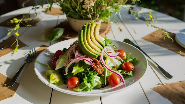 Salade végétalienne avec avocado sur une table en bois blanc