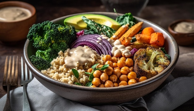 Salade végétarienne bio fraîche sur une table en bois rustique générée par l'IA