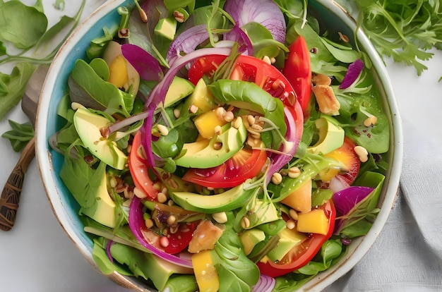 Salade végétarienne biologique fraîche débordant de couleurs vives et d'ingrédients sains