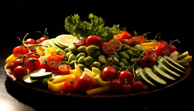 Photo salade végétarienne fraîche et saine avec des légumes multicolores sur fond noir générée par l'ia