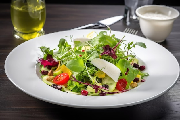 Une salade avec un verre d'huile d'olive