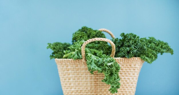 Salade verte de chou frisé dans un sac écologique en paille sur fond bleu