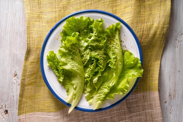 Salade verte dans une assiette en céramique sur la vue de dessus de table en bois blanc