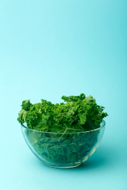 Salade verte dans un bol en verre sur fond bleu