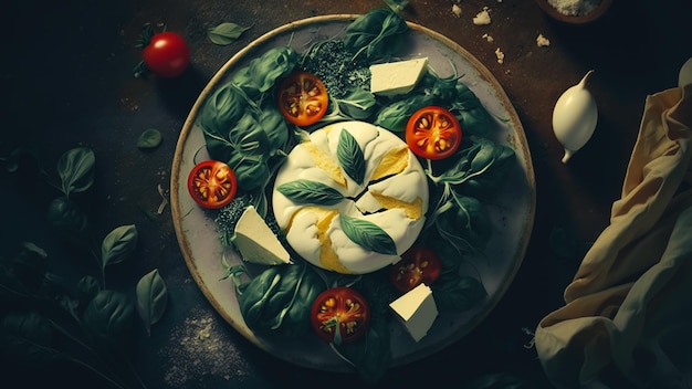 salade verte avec des feuilles de tomates fraîches et mozzarella