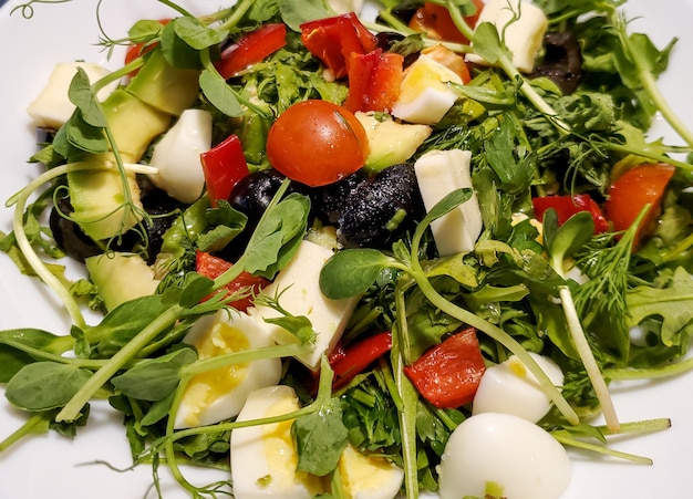 Salade verte fraîche dans une assiette légumes herbes poisson