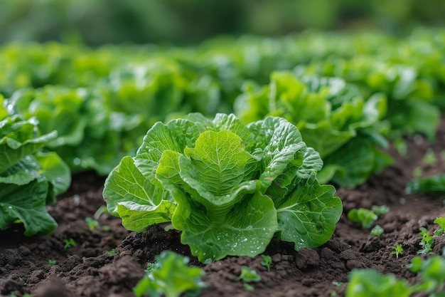 Salade verte fraîche ou laitue poussant dans le jardin en gros plan