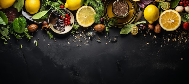 Salade verte fraîche avec des légumes variés, des graines et de l'huile d'olive sur un fond de pierre noire