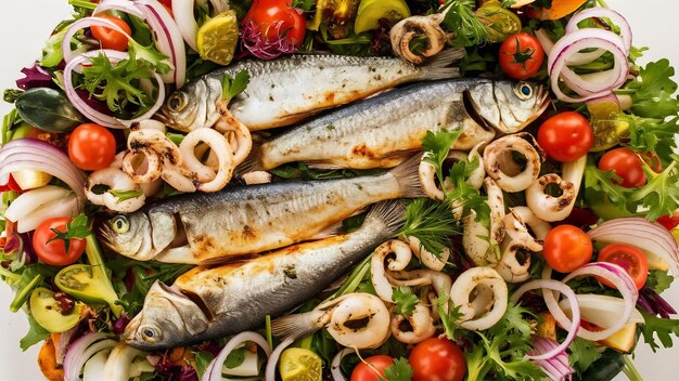 Photo salade verte de poisson grillé, d'oignon, de tomate, de calmar, vue du haut