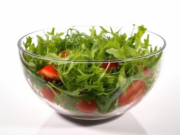 Salade verte à la tomate et légumes frais isolé sur fond blanc