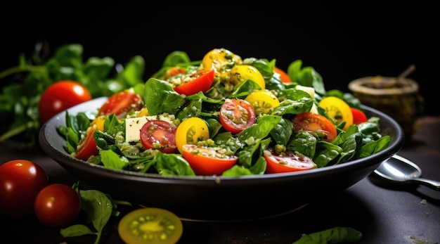 une salade verte avec des tomates, des épinards et d'autres légumes