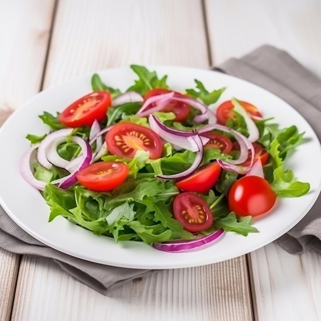 Salade avec des verts, des tomates, des cerises, des oignons rouges sur une assiette blanche avec un fond en bois.