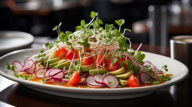 Salade vibrante et fraîche placée sur une assiette blanche La salade est un mélange coloré de feuilles de laitue croquantes