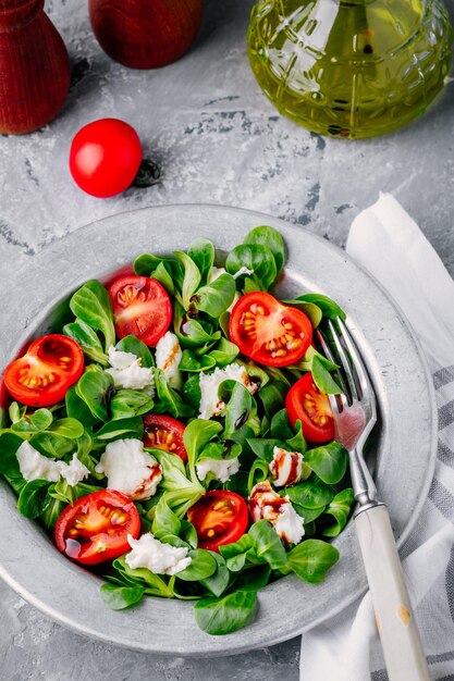 Saladier frais avec feuilles vertes tomates mozzarella et sauce balsamique pour le déjeuner