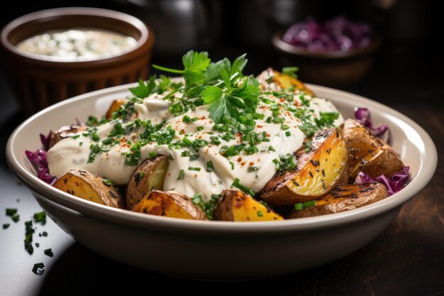 Saladier de pommes de terre avec mayonnaise et épices fraîches générative IA