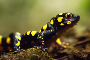 La salamandre écailleuse noire avec des points jaunes avec de grands yeux orange se trouve sur la roche