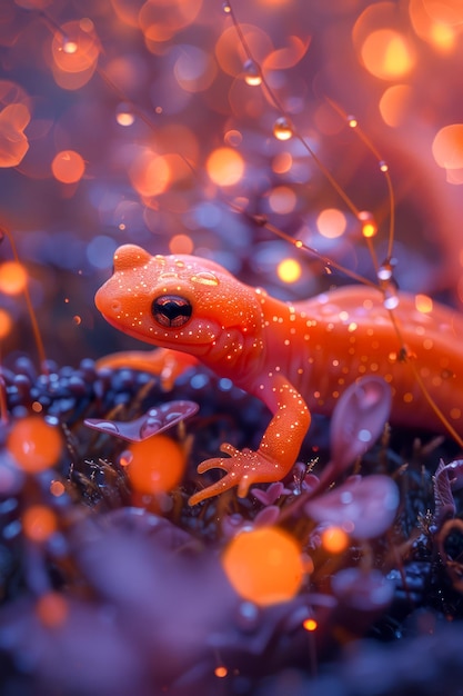 Une salamandre orange enchanteuse au milieu de lumières Bokeh étincelantes sur un fond violet mystique