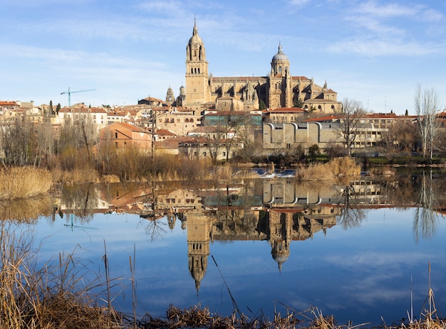 Photo salamanque espagne janvier belle vue sur la ville historique de salamanque avec nouvelle cathédrale se reflétant dans la rivière tormes