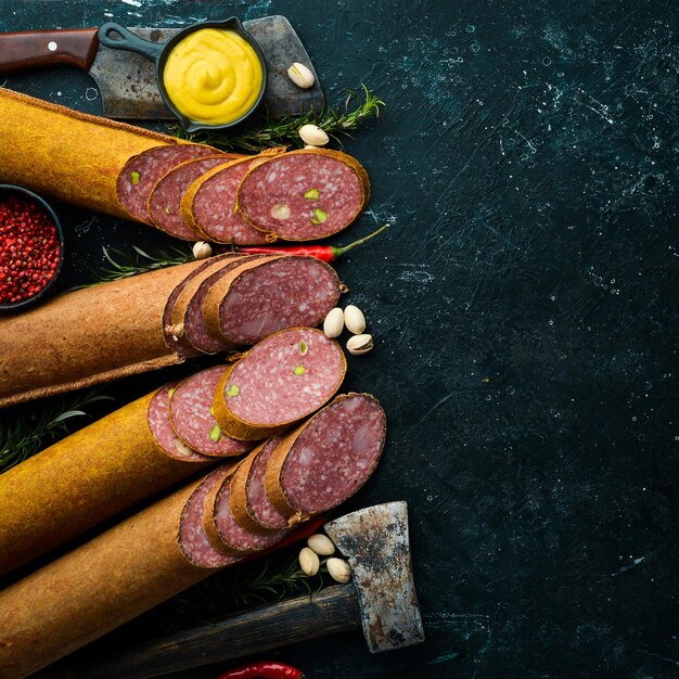 Salami aux pistaches noisettes et romarin et épices sur fond noir Vue de dessus Style rustique