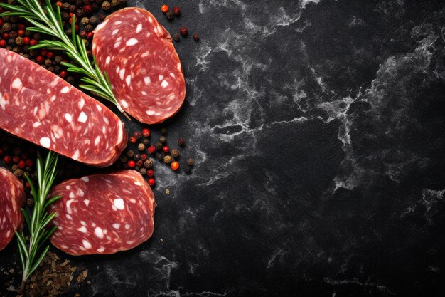 Salami avec des herbes sur fond de pierre noire