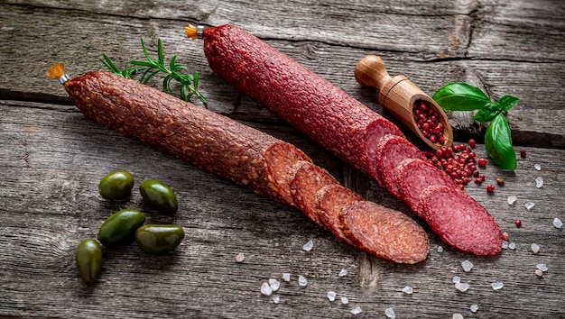 Photo salami italien de la meilleure qualité sur une vieille table en bois