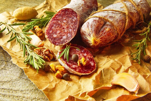 Salami italien avec sel de mer, romarin, ail et noix sur papier style rustique gros plan