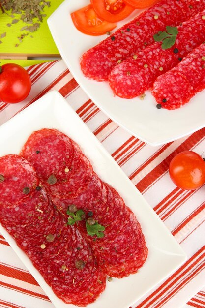 Salami savoureux sur des assiettes sur une table en bois agrandi