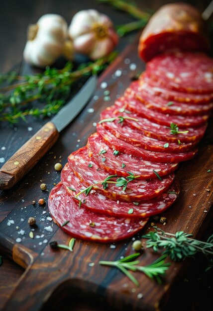 Salami tranché sur une planche à couper en bois avec un couteau et des herbes