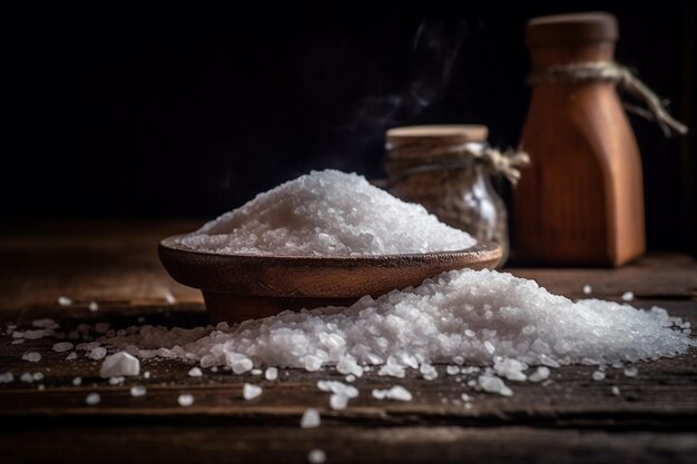 Photo saler sur une cuillère en bois à côté d'un pot de sel.