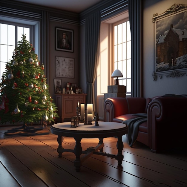 Salle 3D décorée de décorations de Noël, fête de Noël