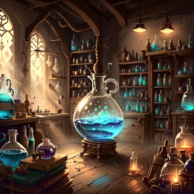 salle d'alchimie avec potions magiques