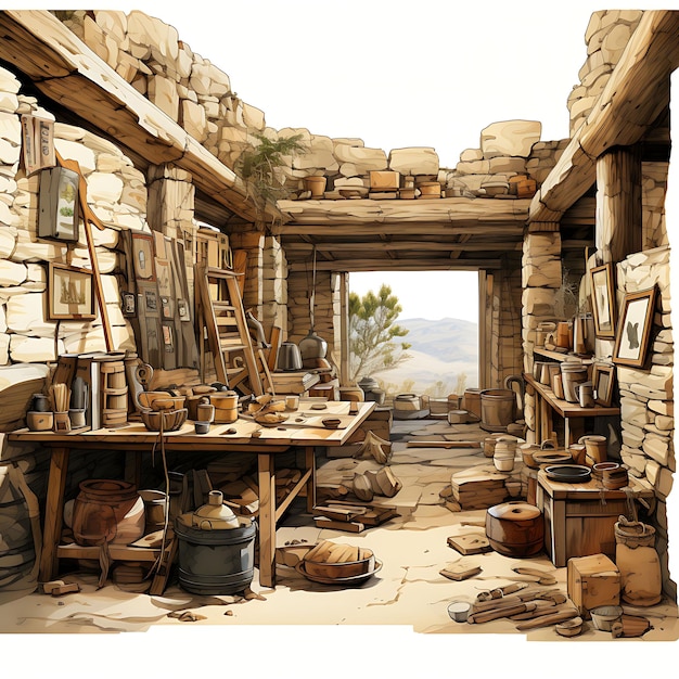 Photo salle d’archéologues aquarelle avec clipart d’excavation d’artefacts archéologiques sur encre bg blanche