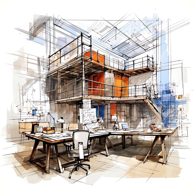 Photo salle d’architecte aquarelle avec table à dessin blueprint wall art neutra clipart sur encre bg blanche