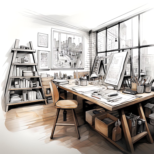 Photo salle d'architectes à l'aquarelle avec plans de table à dessin et clipart d'architecte sur encre blanche bg