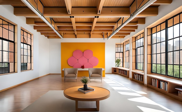 Salle d'attente ou chambre d'amis de bureau coloré et moderne avec plein de verre