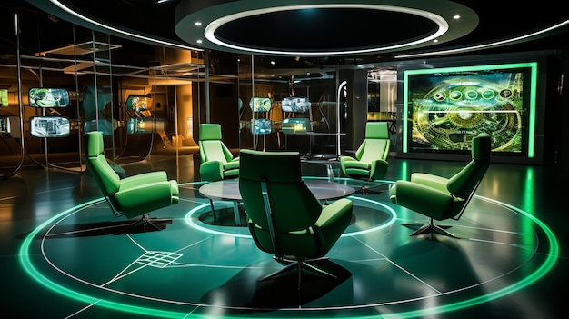 Une salle d'attente élégante avec des chaises métalliques futuristes, un mur vert vibrant et des panneaux de sol interactifs affichant des nouvelles.