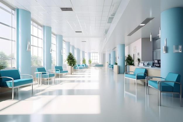 Une salle d'attente d'hôpital avec des chaises bleues et une chaise bleue.