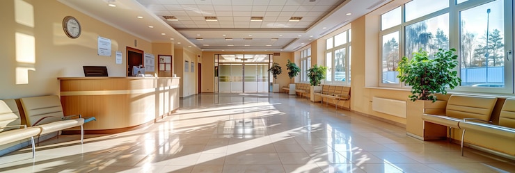 Photo salle d'attente moderne de l'hôpital avec bureau de réception et chaises