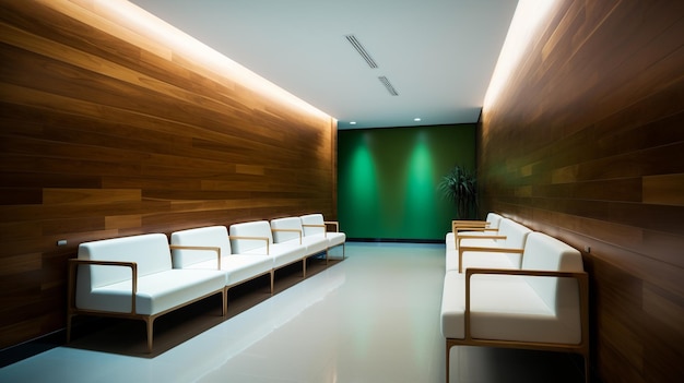 Photo une salle d'attente avec un mur végétalisé et des chaises blanches.