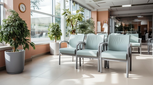 Photo une salle d'attente tranquille avec des chaises confortables et une horloge murale