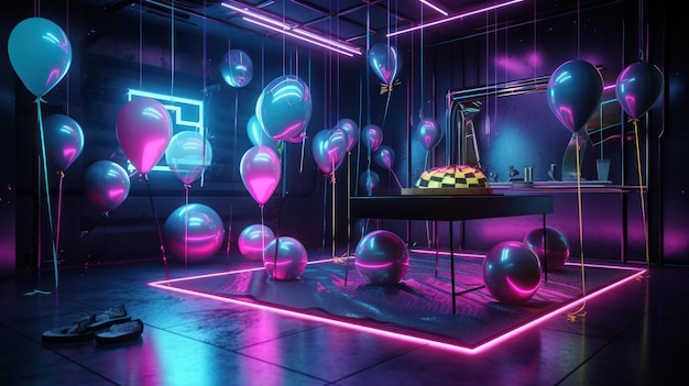 Une salle au néon avec des ballons et une table avec une pancarte indiquant "disco"