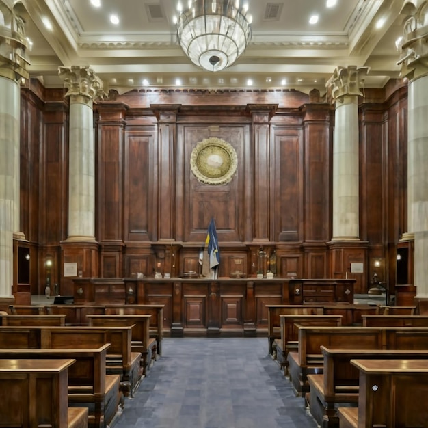 Photo salle d'audience vide de style américain cour suprême de la loi et de la justice tribunal devant le palais de justice