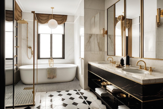 Salle de bain art déco avec de luxueux carreaux de marbre, des accents de laiton et des luminaires vintage