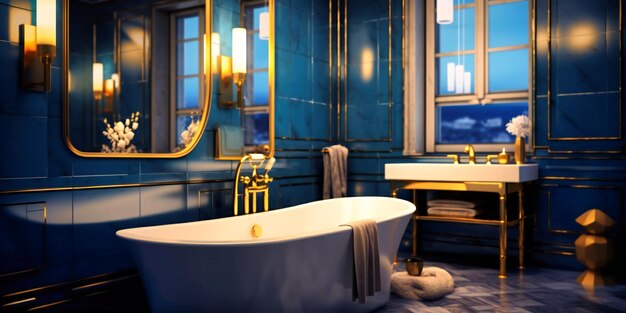 Salle de bain au décor bleu et or