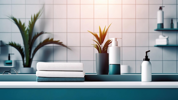 Une salle de bain au style moderne ornée de produits et de végétaux