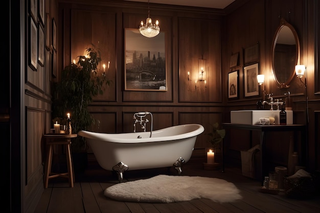 Une salle de bain avec une baignoire blanche dans le coin et une bougie allumée au mur.