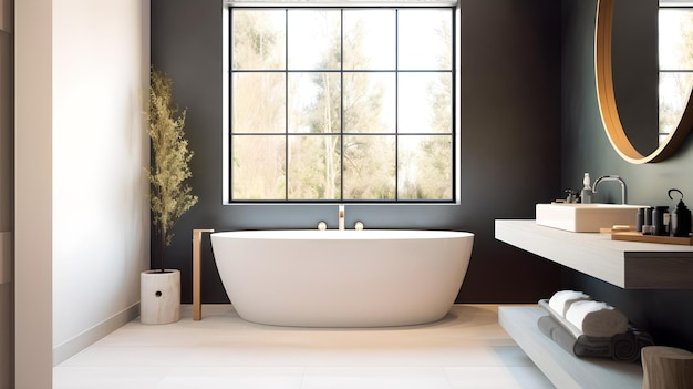 Une salle de bain avec une baignoire blanche et une fenêtre avec vue sur l'extérieur.