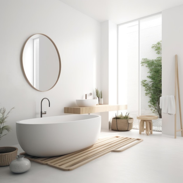 Une salle de bain avec une baignoire blanche et un miroir rond.